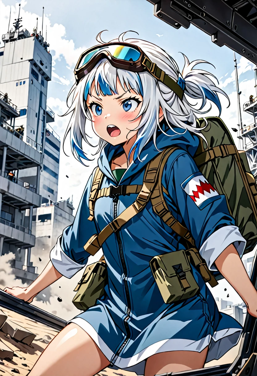 8K Ultra High-Quality, ultra-detailed, High quality, Gawr Gura, goggles, military clothes, tactical clothes, windy