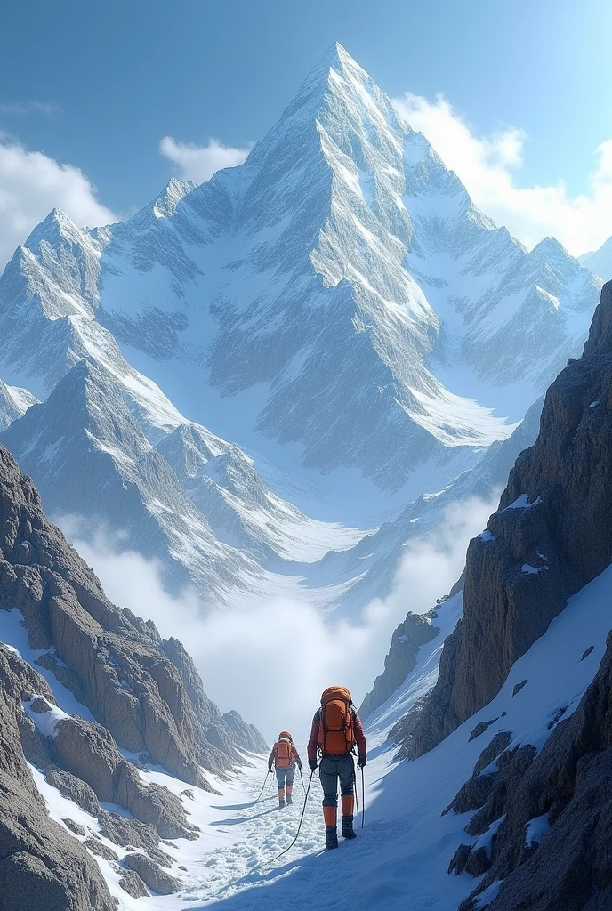 A majestic 3D panorama of the Himalayas with snow-capped peaks, including Mount Everest, and climbers navigating the rugged terrain