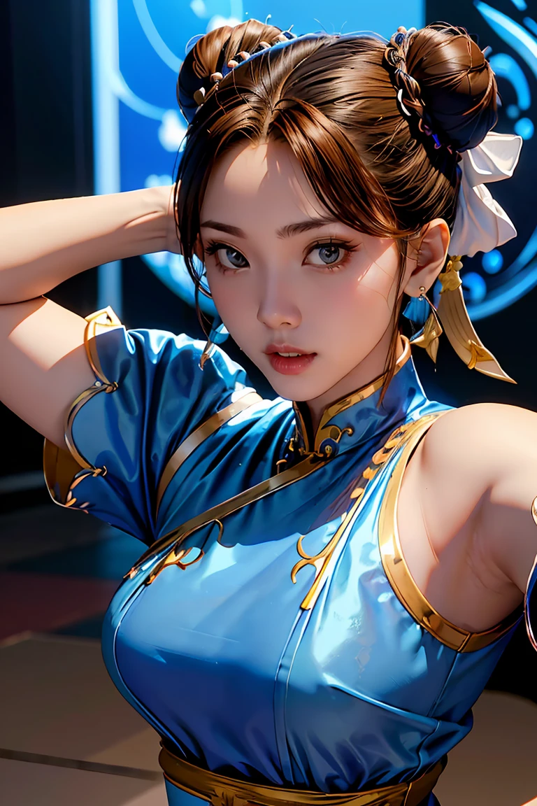 Chun-Li from Street Fight II,The perfect Chun Li outfit,Blue cheongsam with gold lines,Bun head,Covers well,Fighting posture,Masterpiece、1 beautiful girl、good eyes、Bags under the eyes、Highest quality, 超high resolution, (reality: 1.4), movie light、Japan、Asian beauty、Korea、It's so beautiful.、Beautiful skin、body facing forward、close to face、(超reality的な)、(high resolution)、(8ก)、(very detailed)、(美しくgood eyes)、(Superb details)、 (wall-)、detailed face、bright light、professional lighting、looking at the audience、looking straight ahead、Slim and slender、Nogizaka Idol、ไอดอลKorea、Masterpiece, Highest quality, Masterpiece, Highest quality, perfect face, Perfect brown eyes with sclera., bad moves-5, alone, 1 woman, upper body, brown hair, From SF2, Chinese service, smile, muscular woman, blue clothes, tights, Pelvic curtain, puffy short sleeves, Covers well, sash, appraisal:safety