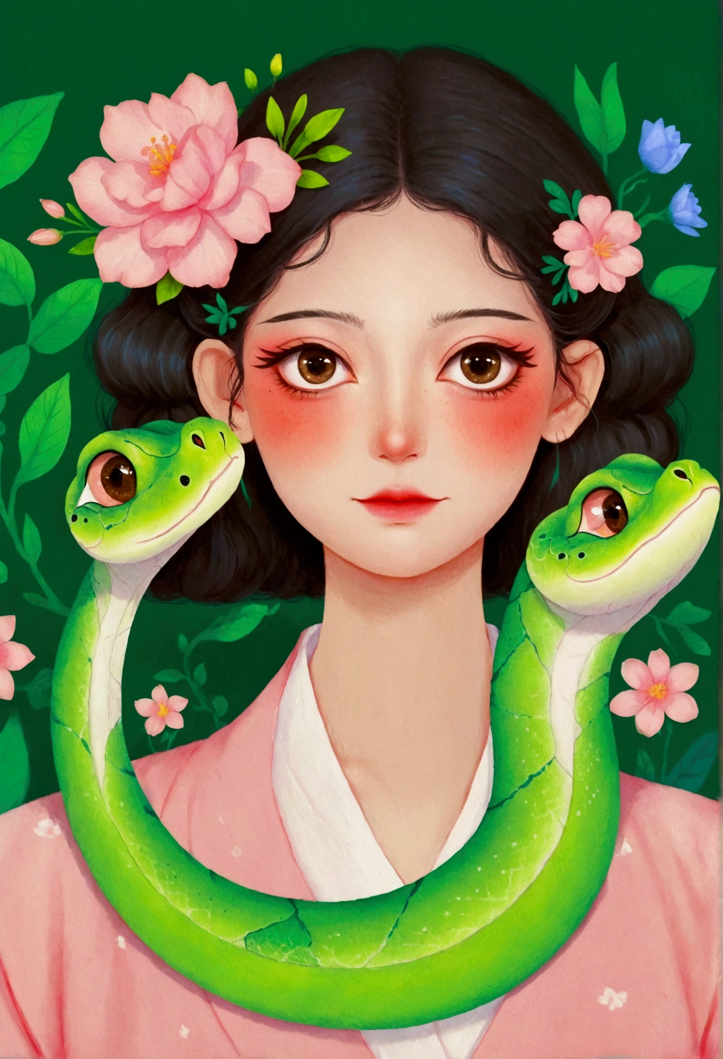Cartoon,cute,A beautiful girl,A painting with a pink flower on the head, Green Snake,Snake Face Woman, Ms. Entropy,