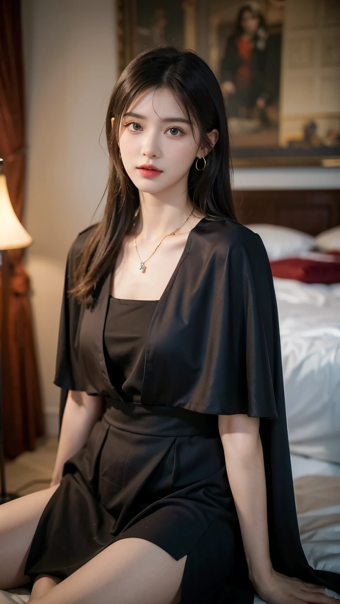 (Highest quality:1.4)，(masterpiece:1.4)，(Realistic:1.4)，(Realistic:1.2)，(超High resolution， RAW Photos:1.4)，(High resolution， Very detailed:1.2)，(8k:1.2)，View your audience，Cinematography，One person，skeletally correct，Black-haired woman，Woman in her early 20s，(Small earrings，necklace，Brown cape collar dress)，（Inside the Western-style building，Dimly lit room，The lamplight shines on my cheeks，Kneel）