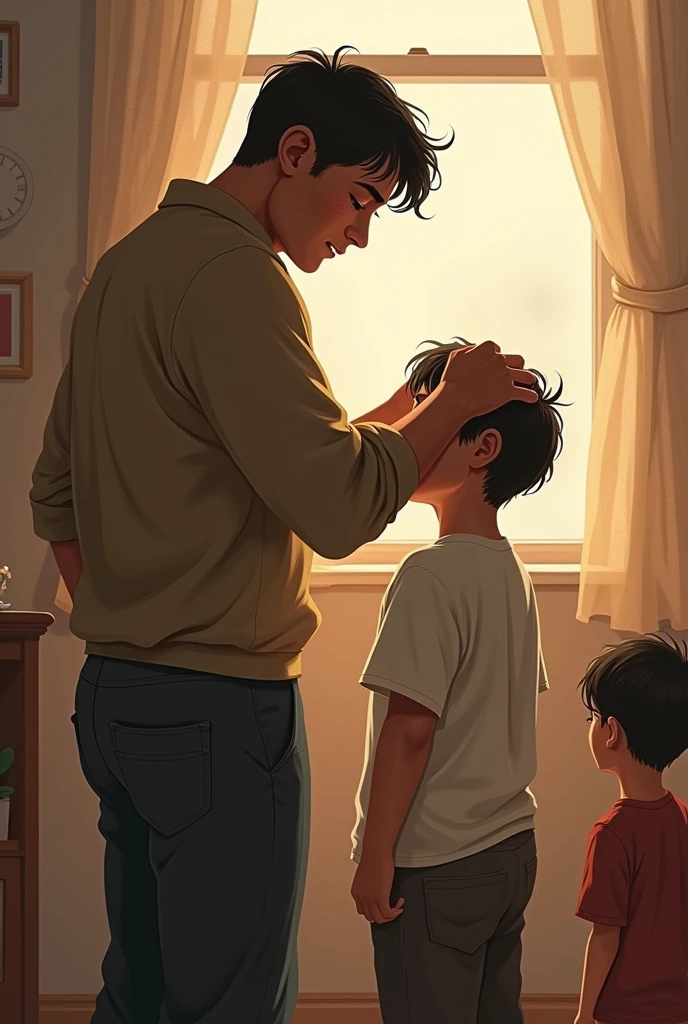 Father and two boys, A father stands and strokes another boy's head., and the son sees from afar and it hurts him