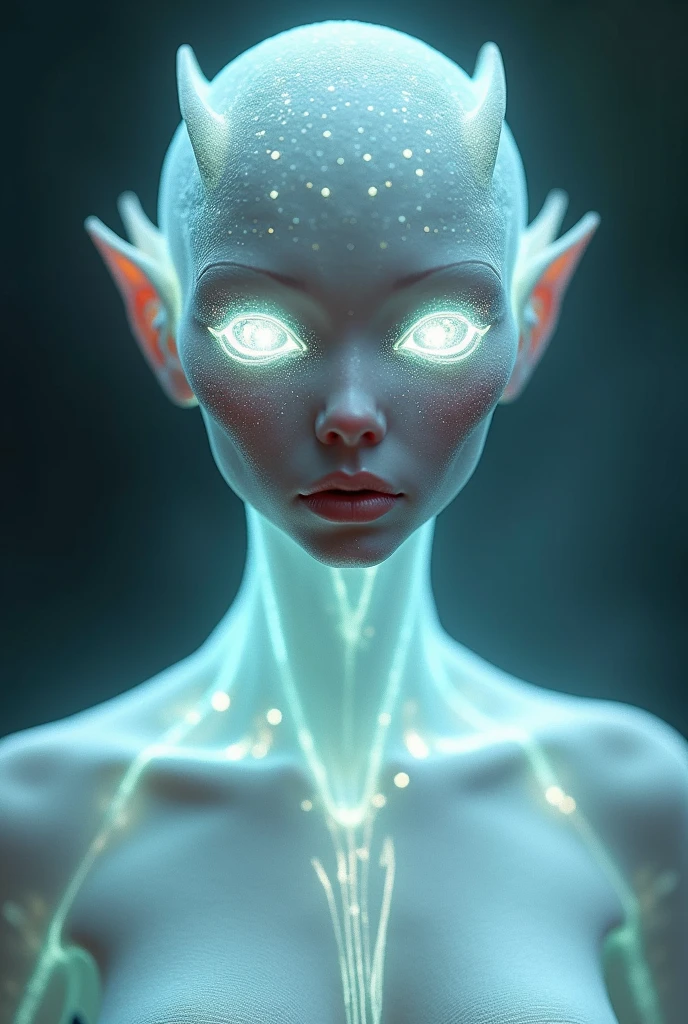 Alien with female appearance
Without hair
Translucent white shiny scaly skin
Bright translucent crystal eyes