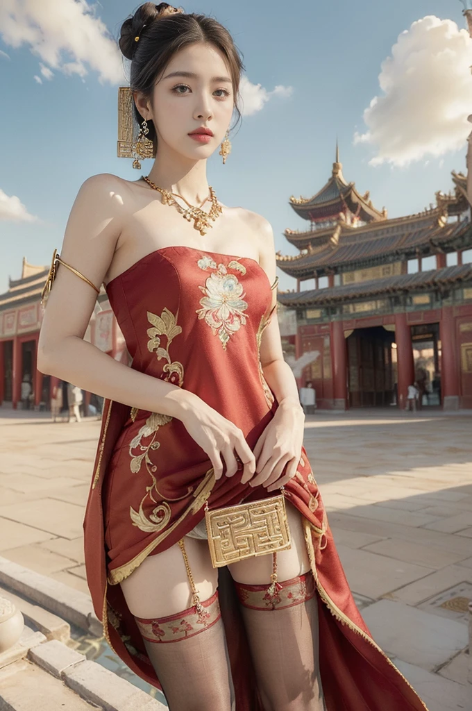 (((best quality))),(((ultra detailed))),(((masterpiece))),illustration,((1 beautiful girl,solo)),(neat bun:1.2),(fair skin:1.3),((slim,thin)),((earrings,necklace)),((small breasts,flat chest)),(bright almond-shaped eyes:1.3), graceful and elegant aura,(maxi gorgeous exquisitely embroidered red dress:1.5),gold trimmings,(stockings:1.3),(ancient Chinese city scape:1.3),(on empty spacious square:1.3),(towering magnificent palace-like castle:1.3),gold trimmings,intricate carvings, delicate decorations,((clear sky, fluffy clouds)), warm sunlight, crisp refreshing breeze, serene expression, peaceful atmosphere, (standing:1.3), surrounding beauty,((vibrant October,autumn)),((from front,upper body))