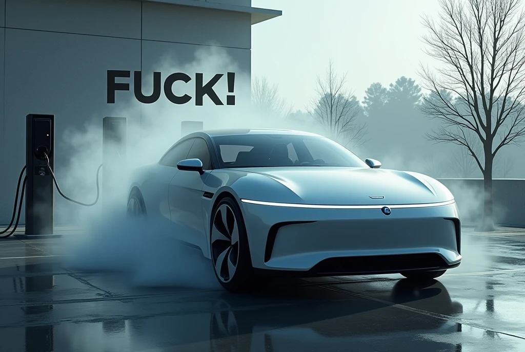 A modern electric car plugged into a charging station. [(Suspended in the air between scene and the viewer, a translucent, almost ghostly black message reads exactly: "Fuck!". The text appears as if it's floating, blurred at the edges, with the letters formed from a faint mist or white smoke that lingers in the space. The smoky words are readable, though not overly bright, hovering just in front of his gaze, creating a surreal yet powerful effect. Text exactly says: "Fuck!". They seem to be written in chalk. The text says: "Fuck!". semi-transparent text that reads 'Fuck!' in a dramatic, bold font. The text almost acts as a title, floating in the air, partially obscuring the scene but enhancing the overall tension and urgency of the moment)]