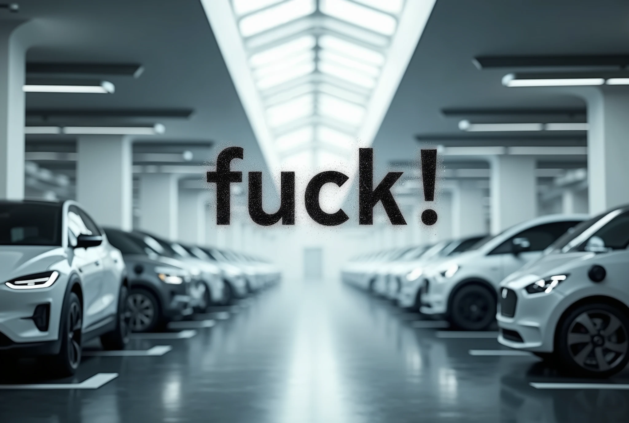 A modern parking lot filled with sleek electric cars, each one plugged into a charging station. [(Suspended in the air between scene and the viewer, a translucent, almost ghostly black message reads exactly: "Fuck!". The text appears as if it's floating, blurred at the edges, with the letters formed from a faint mist or white smoke that lingers in the space. The smoky words are readable, though not overly bright, hovering just in front of his gaze, creating a surreal yet powerful effect. Text exactly says: "Fuck!". They seem to be written in chalk. The text says: "Fuck!". semi-transparent text that reads 'Fuck!' in a dramatic, bold font. The text almost acts as a title, floating in the air, partially obscuring the scene but enhancing the overall tension and urgency of the moment)]