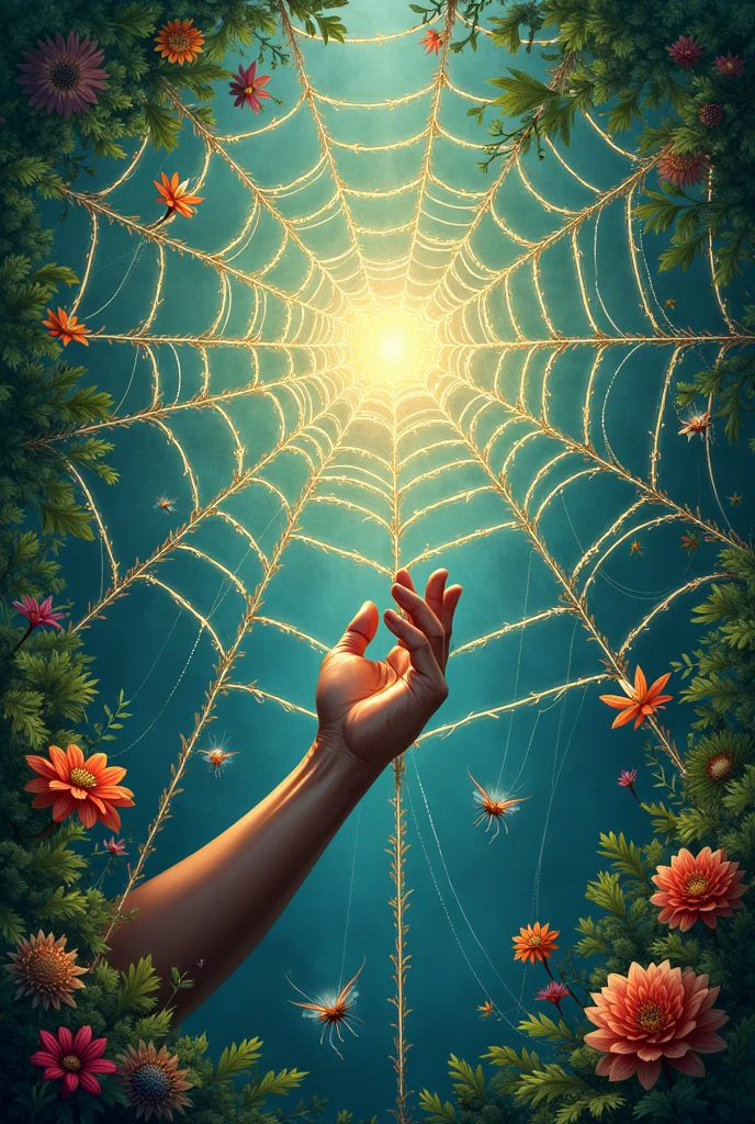 Create an illustration of a large, intricate web stretching across a canvas. In the center of the web, show a hand pulling on one of the strings. The web should include various elements such as plants, animals, and natural objects connected by the strings. Use vibrant colors to represent different components of nature and highlight how pulling on one string causes ripples throughout the entire web. The image should clearly convey the idea of interconnectedness in nature."