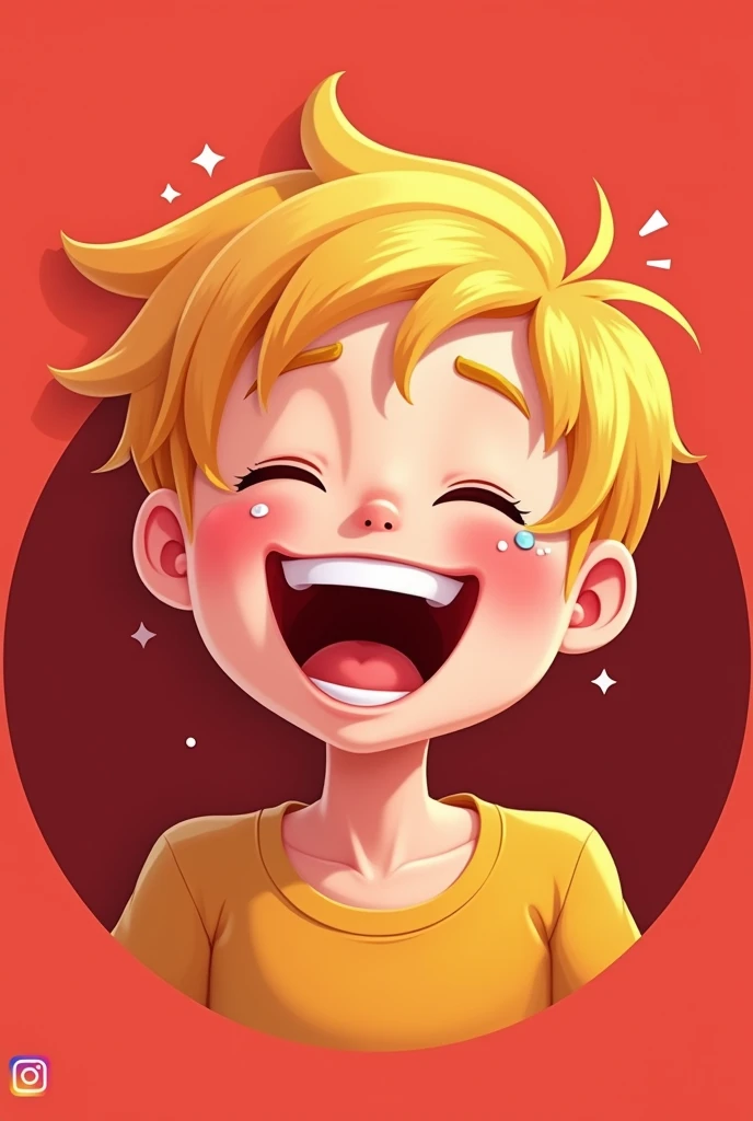 child、Blonde foreigner、Laughing with tears in their eyes、The frame is round、The background is red cartoon style、Instagram icon