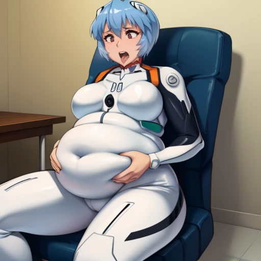 art by kipteitei, 1girl, light blue hair, rei ayanami from the anime evangelion, big plump belly, huge belly, ((white plug suit, white plug suit covers stomach)), blushing, minimalist room background, sitting in chair, grabbing her own belly, moaning, panting, visible breath, ((large growing stout and plump belly)), ahegao 