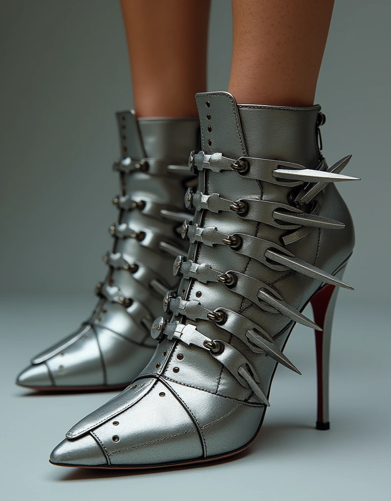 The toes are sharp、The heel is needle-like and pointed to the tip.、Equipped with countless metal rivets and sharp blades、Shiny metallic silver stiletto sandals