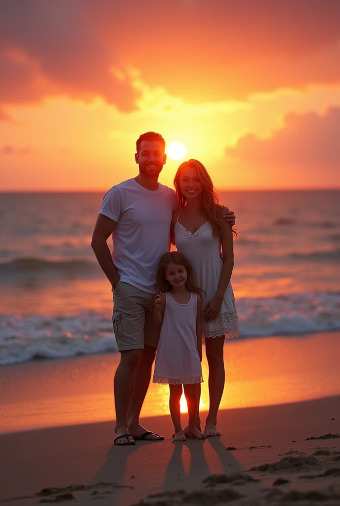 Husband wife and daughter sunset pic in a beach.