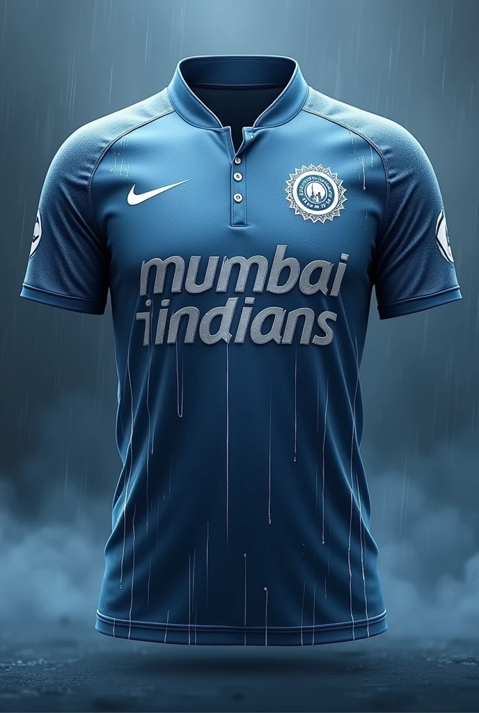 Create a jersey design with following ideas
Base Color: Blue-Grey with hints of White
Design Elements:
A misty, fog-like pattern across the jersey in various shades of blue and grey, representing the monsoon rains that are iconic to Mumbai.
The mist effect could be blended with white streaks or dots, mimicking raindrops or clouds.
Logo and Accents:
The Mumbai Indians logo in a bold contrasting color like deep blue or white.
White or silver accents on the collar and cuffs to enhance the misty, monsoon feel.