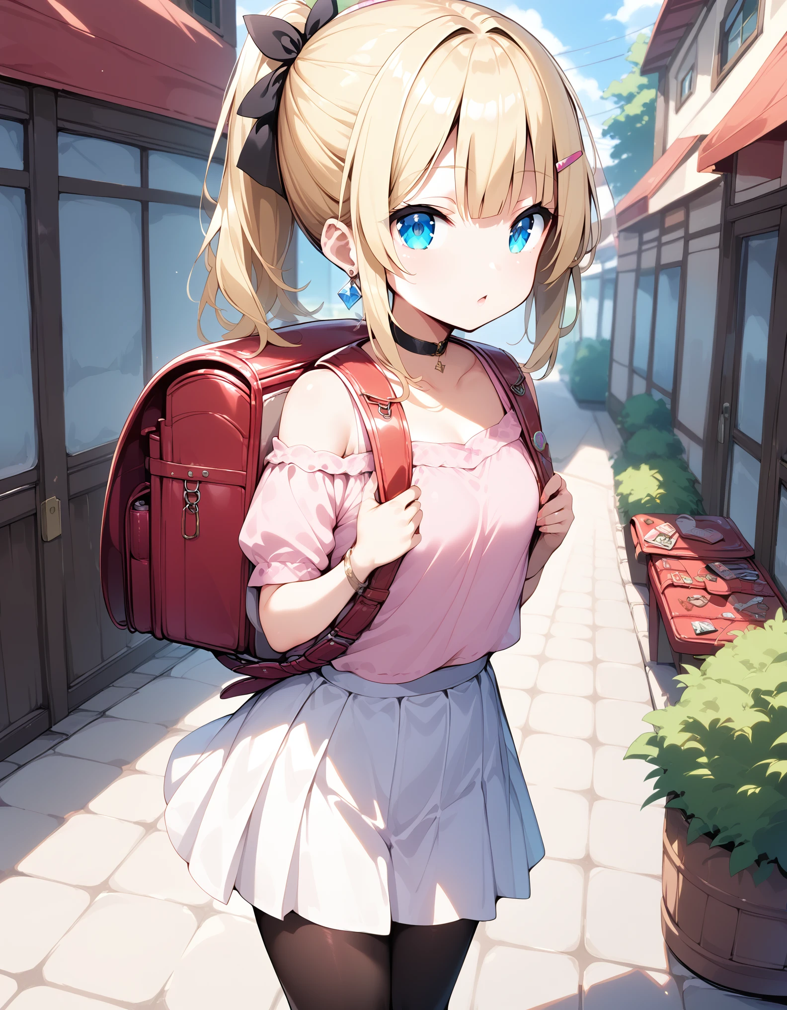 masterpiece, best quality, highres, 1girl, blonde hair, medium hair,hair clip, white skirt, pink shirt, hair ribbon, jewelry, ponytail, black choker, collarbone, bare shoulders, earrings, short sleeves, outdoors, standing, wearing backpack, square backpack, (backpack:1.2)