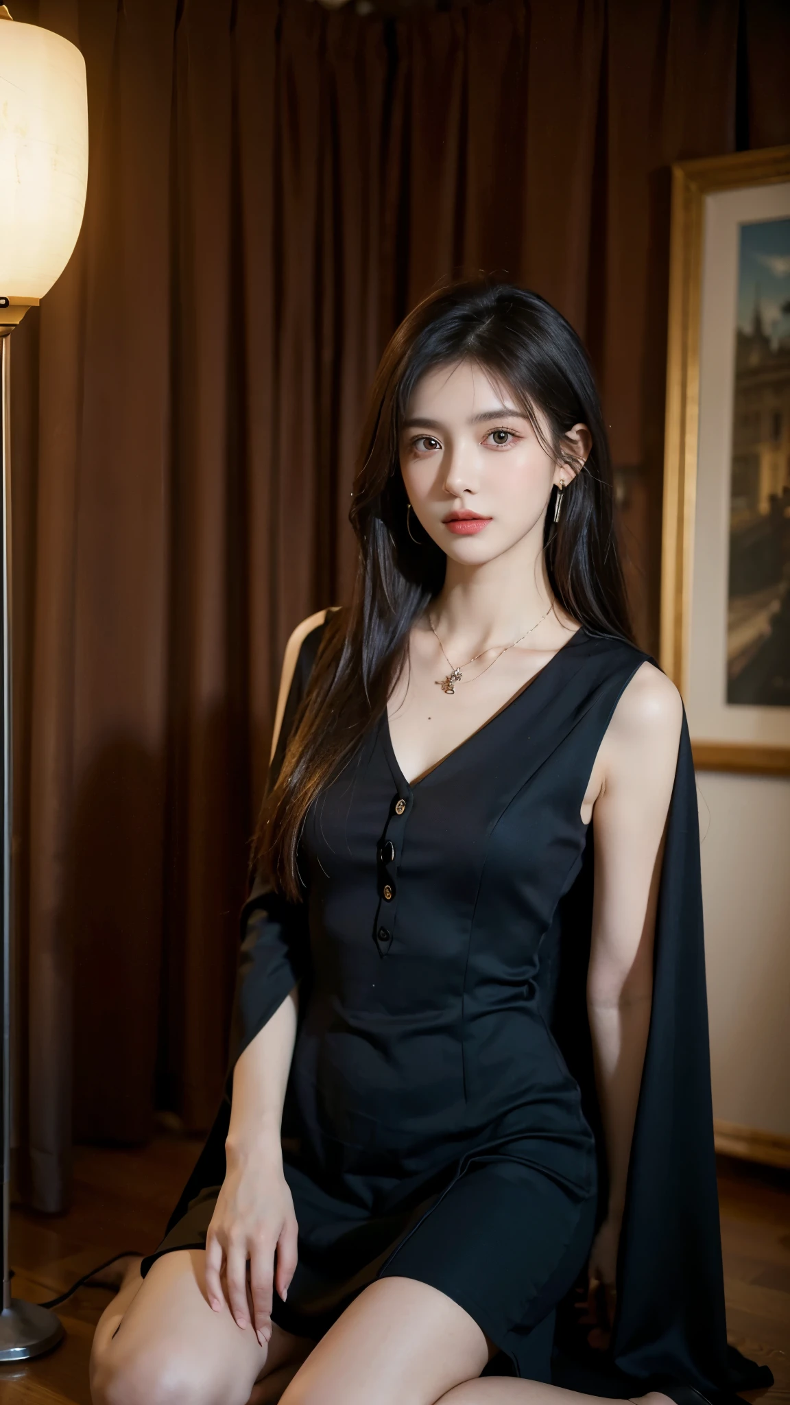 (Highest quality:1.4)，(masterpiece:1.4)，(Realistic:1.4)，(Realistic:1.2)，(超High resolution， RAW Photos:1.4)，(High resolution， Very detailed:1.2)，(8k:1.2)，View your audience，Cinematography，One person，skeletally correct，Black-haired woman，Woman in her early 20s，(Small earrings，necklace，Brown cape collar dress)，（Inside the Western-style building，Dimly lit room，The lamplight shines on my cheeks，Kneel）