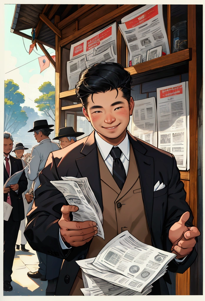 「Under the bright light of the sun、A middle-aged man holds a stack of bills high in his right hand、His eyes are shining with hope。Holding a horse racing newspaper firmly in his left hand、He is smiling as if enjoying his moment of victory.。His friends around him applauded.、congratulating him on his success。The scenery of the racecourse spreads in the background.。」