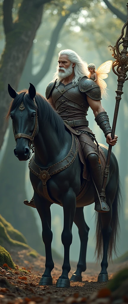 Create an image of a majestic creature of part man part horse standing proudly. The centaur has a white upper body with a muscular and heroic build. His lower body is that of a powerful black horse, sleek and strong. He is adorned in detailed leather armor that covers his torso and shoulders, with straps and buckles adding to the rugged look. In his hand, he holds an intricately designed Warlock Staff, glowing with mystical energy. Perched on his back is a small, delicate fairy with shimmering wings, casting a soft light around her. The background is a mystical forest with ancient trees and a hint of magical light illuminating the scene.