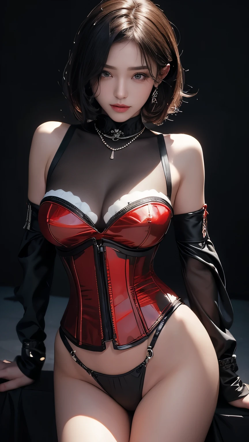 masterpiece, Highest quality, Very detailed, To the camera, 複雑に詳細なVery detailedな, Realistic, Sharp features, Very detailed, Sharp focus, Perfect Face, Perfect Face, Perfect symmetry and perfect eyes, Perfect Plump Lips, Flexible female form, Cinematic, Film Light, Very detailedな, hyper Realistic, masterpiece, Atmospheric, High resolution, Vibrant, Dynamic Studio Lighting, ((Dark Background)), The facial expression when feeling happy, handcuffs, BDSM, slave, Rubber, Red Corset, (赤いfirst round), ((Highest quality, 8k, masterpiece: 1.3)), Sharp focus: 1.2, Beautiful woman with perfect figure: 1.4, Slim Abs: 1.2, Wet body: 1.5, Very detailedな顔と肌の質感, Detailed eyes, double eyelid, Very short hair,((Sm嬢)),((m嬢)),handcuffs,first round,Red and black outfit
