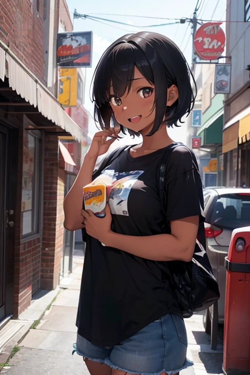 score_9, score_8_up, score_7_up, score_6_up, score_5_up, score_4_up, source anime,masterpiece, high quality,BREAK 1girl,17yo,1,short hair,black hair,(forehead:0.9),(black eyes),(dark skin:1.1),large breast, eating cheese burger,take cheese burger, open mouth, (smile), background is American Restaurant, (close eyes:1.2)