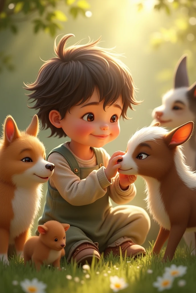 Child taking care of animals