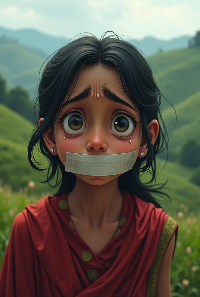 Bangladeshi young woman. Sad face. Crying. Hills background.  Tape on mouth