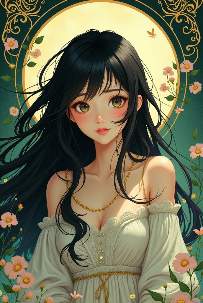 Anime-style images。Like KyoAni。In the style of Alphonse Mucha、Girl with long black hair。