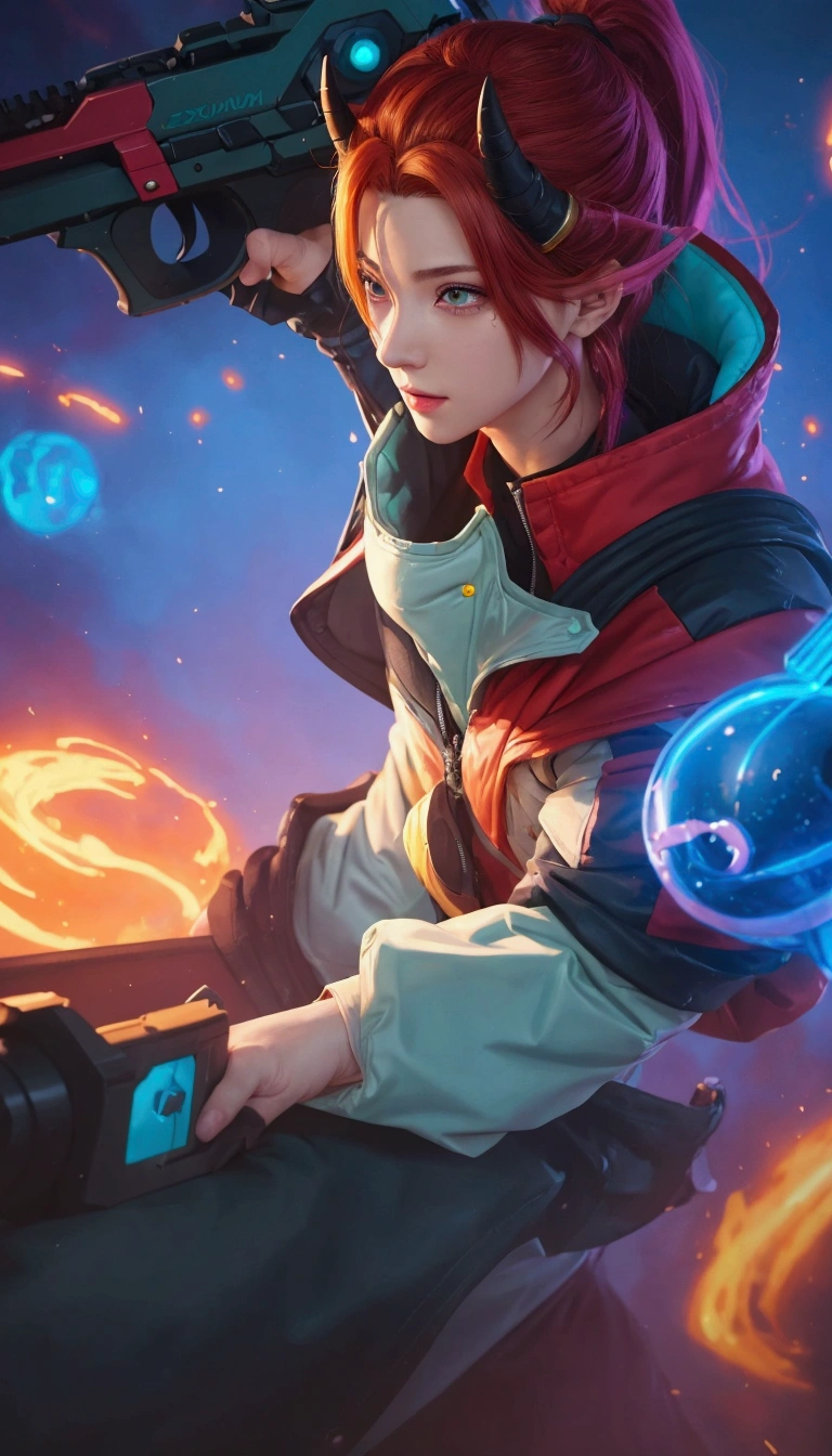 a close up of a person with a gun in a game, portrait of rung, hero 2 d fanart artsation, trigger anime artstyle, crono portrait, artgrem, artgerm jsc, rossdraws and jazza, rossdraws cartoon vibrant, kda, portrait of jinx from arcane, avatar image, extremely detailed artgerm