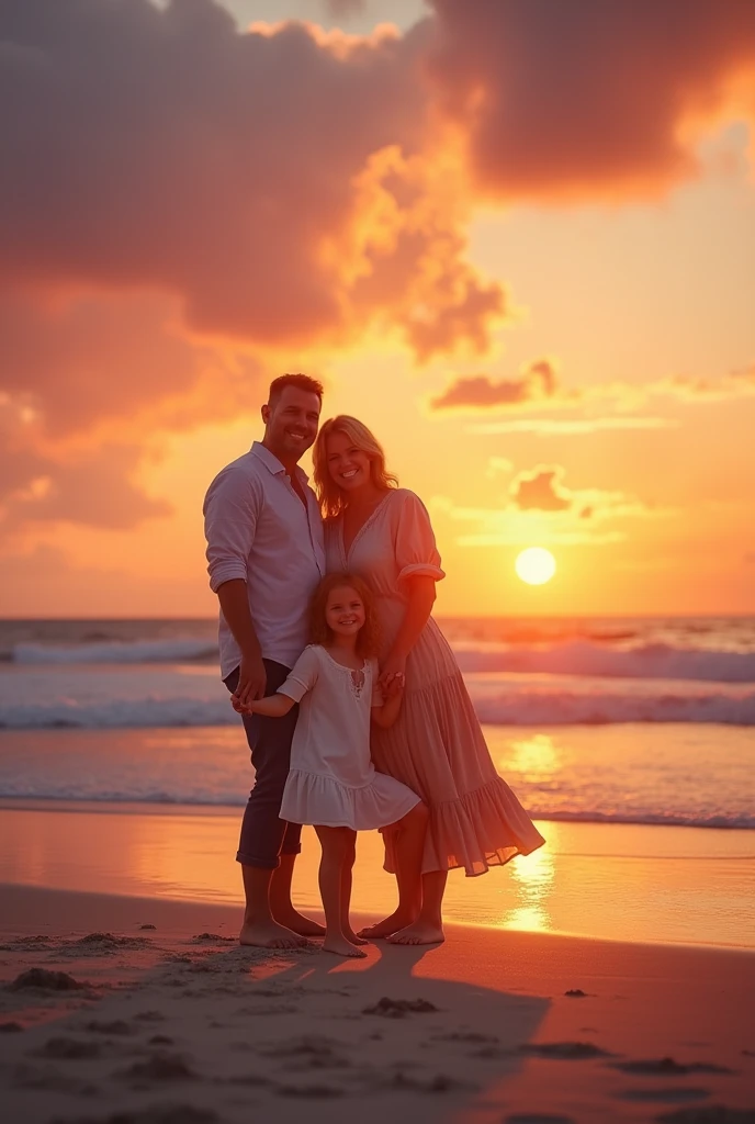 Husband wife and daughter sunset pic in a beach.