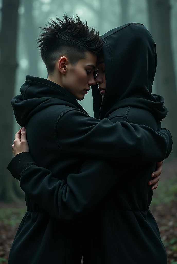 A masc woman with wolf hair cut is hugging a woman in the black hoodie, they are not showing their face, just arms