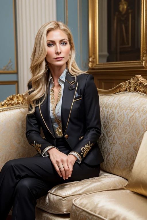 Beautiful woman, Blonde hair, light blue eyes, 40 years old, fashionable black business suit with gold embroidery, Elizabeth Mitchell, baroque living room, sitting on couch