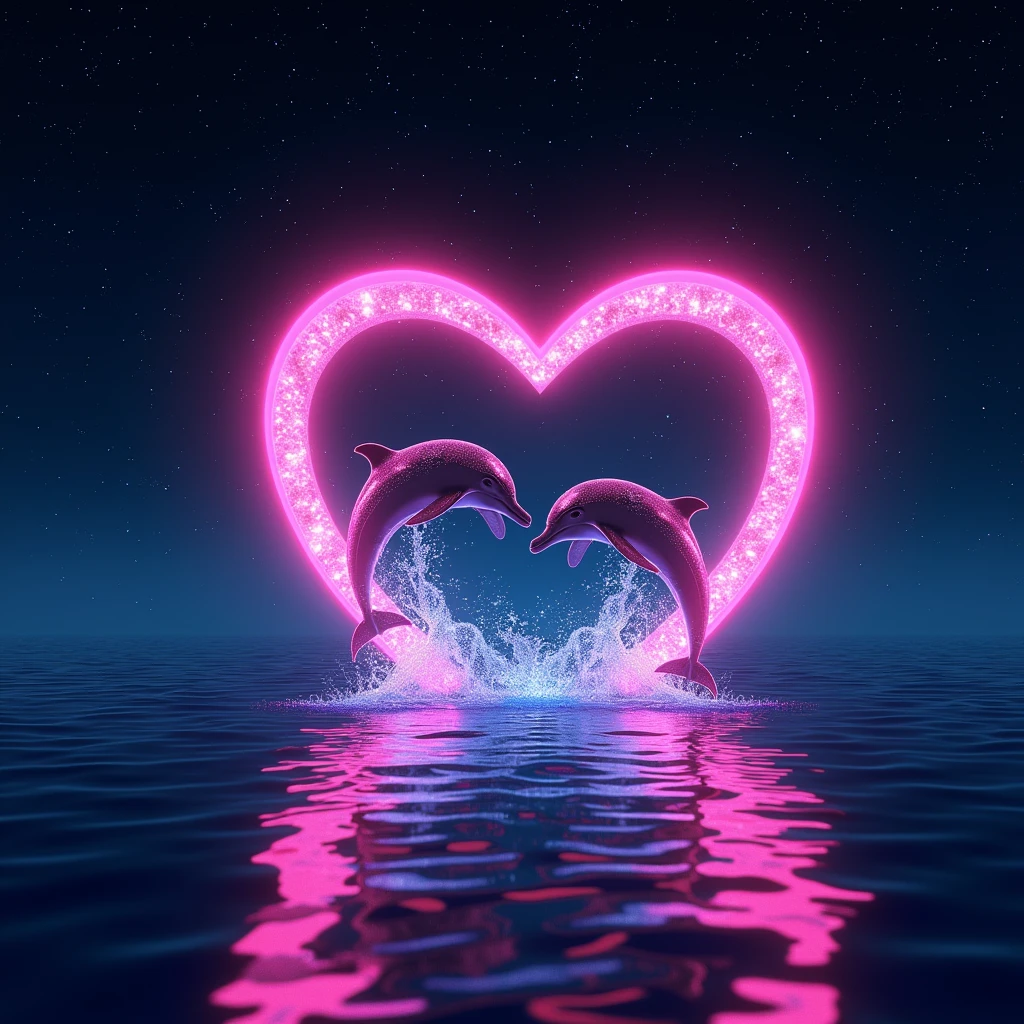 A sparkling open heart object、romantic、photograph、panorama、Neon color、Bright colors、Ultra-high resolution、
Inside the open heart is a picture of the ocean、Countless stars in the background、The overall image is dark, but the heart-shaped object shines brightly.、
A sky studded with stars、Dolphins jumping in the sea、The water surface reflects accurately、The stars are realistic and lively、Dolphins are wet and vivid、Water droplets and water are transparent。The heart frame shines in neon colors.、Three-dimensional heart、The dolphins are also glossy and realistic.、The starry sky is twinkling、The sea is blue and beautiful、the sky is black、Stars Shining、Oblique angle、Angle from 45°、Panorama、Wide angle、Black and pink shading、