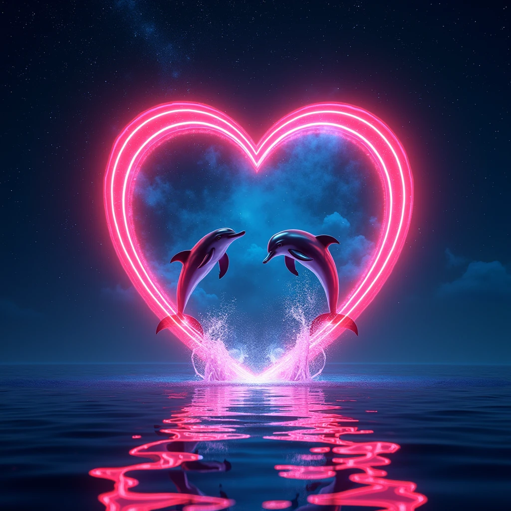 A sparkling open heart object、romantic、photograph、panorama、Neon color、Bright colors、Ultra-high resolution、
Inside the open heart is a picture of the ocean、Countless stars in the background、The overall image is dark, but the heart-shaped object shines brightly.、
A sky studded with stars、Dolphins jumping in the sea、The water surface reflects accurately、The stars are realistic and lively、Dolphins are wet and vivid、Water droplets and water are transparent。The heart frame shines in neon colors.、Three-dimensional heart、The dolphins are also glossy and realistic.、The starry sky is twinkling、The sea is blue and beautiful、the sky is black、Stars Shining、Oblique angle、Angle from 45°、Panorama、Wide angle、Black and pink shading、
