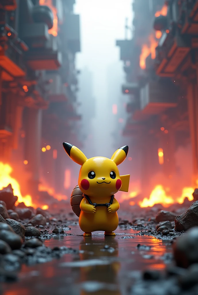 high quality,4K,HD,explode,Fires Everywhere,Smoky,3d,3d rendering,pixar,1 Pikachu,Mecha,Mechanization,future technology,Round and cute figure and face,,背着Snail壳,,end ,,Snail,Dilapidated,Pink flame,Dark,