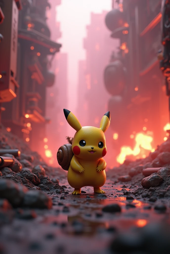 high quality,4K,HD,explode,Fires Everywhere,Smoky,3d,3d rendering,pixar,1 Pikachu,Mecha,Mechanization,future technology,Round and cute figure and face,,背着Snail壳,,end ,,Snail,Dilapidated,Pink flame,Dark,