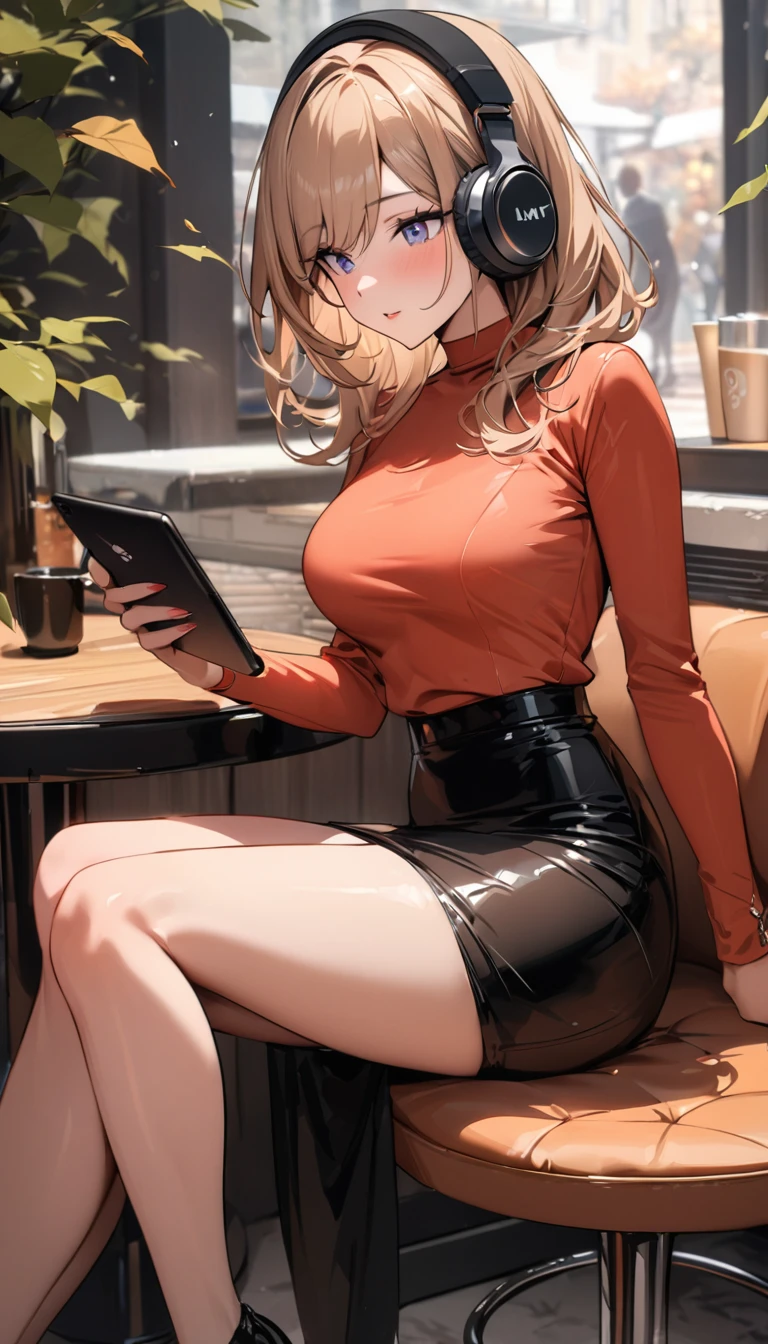 ((Top Quality)), ((Masterpiece)), ((Details)), perfect face, perfect body, fallen leaves background, sitting in a cafe, listening to music, sitting with legs apart, wearing tight clothes, wear a tight skirt, dating, Woman with face visible, glamorous, peach clothe