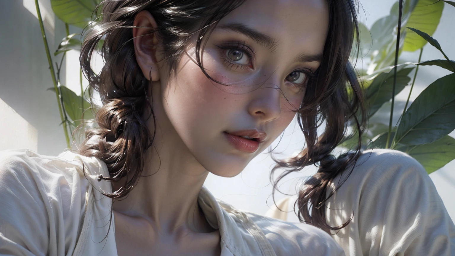 a beautiful 1 girl with ultra-fit six-pack abs, open white lab coat, no bra, cannabis laboratory, surrounded by cannabis plants, detailed face and body, photorealistic, 8k, dramatic lighting, cinematic composition, intricate details, vibrant colors, sublime atmosphere, dynamic pov