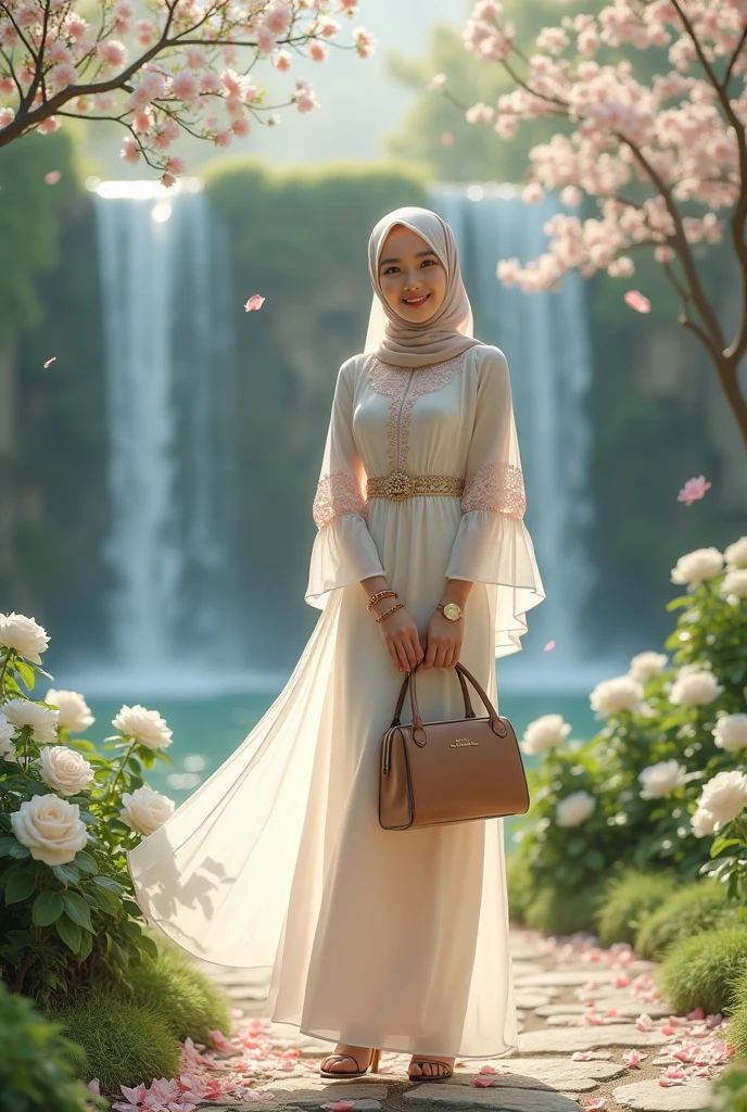 a beautiful adult girl wearing a hijab, wearing a Dutch oni chiffon dress, umbrella-shaped sleeves, wearing high-heeled sandals, wearing a bracelet and a watch, is in a flower garden, there is a waterfall, and white roses around it, there are cherry trees whose leaves are falling, scattered on the ground, smiling holding her beautiful bag