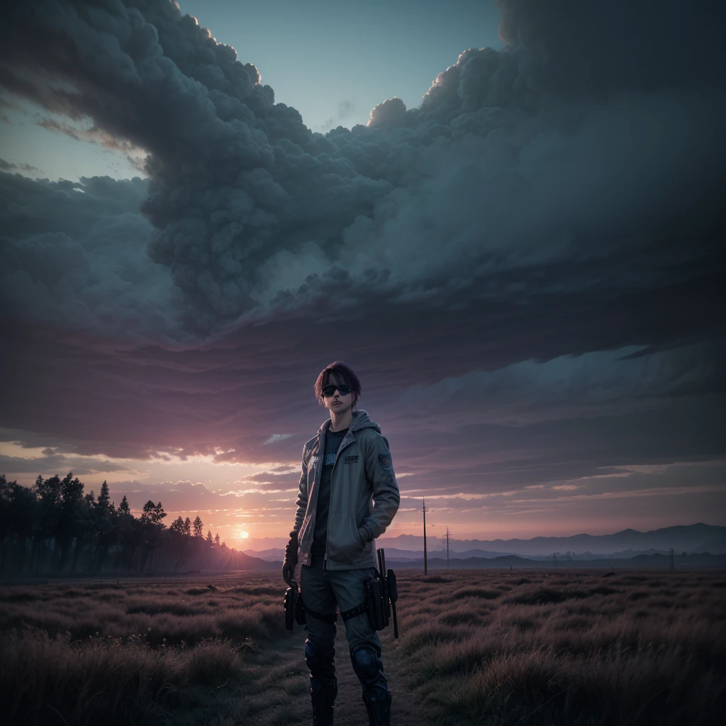 Large logo with the name "intech_jp" within a cinematic cloud with shades of lilac and light blue with dark shadows on the contours. Image with high degree of depth. realisitic, cinematographic, post apocalyptic twilight environment. 