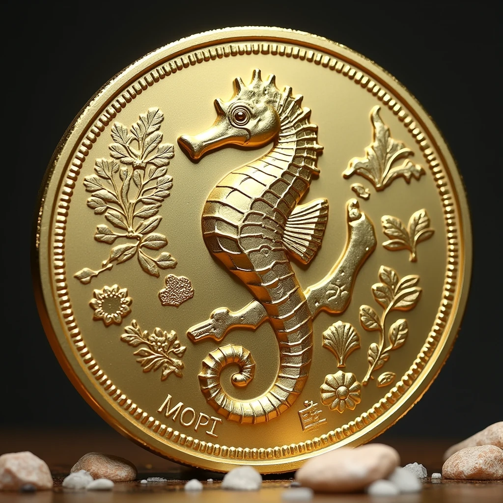 The letters MJP will be engraved in the center of the coin... Seahorse design in the center. money, high quality, A luxurious image. On the outside、There is a map of Japan and Malaysia。..Serial at the bottom(SN0024082901)Engraved on a transparent background
