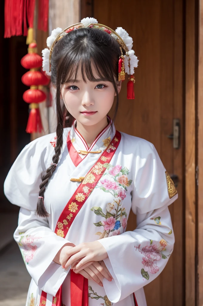 A white woman wearing Chinese clothing with crossed eyes