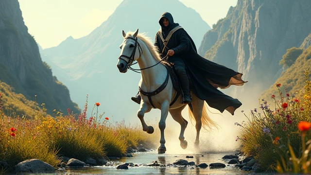 To clearly depict the scene described:
**Central Figure: Cabuliwala on a White Horse**
- **Positioning**: The Cabuliwala should be shown riding the pure white horse at full speed across the scene. The horse’s tail and mane should be flowing dynamically to emphasize the motion. The Cabuliwala's black cloak with white accents should be designed to flow naturally with the movement of the horse, making sure the head and face are entirely obscured by the hood. The sword should be prominently displayed, either in hand or sheathed at the side, to ensure it’s not missed in the image.
**Background Elements:**
- **Road**: Illustrate a narrow, uneven path with scattered stones or gravel to highlight the rugged terrain.
- **Vegetation**: Include trees with vibrant green leaves and a variety of blooming flowers in red, yellow, purple, and blue to create a rich and colorful backdrop.
- **Stream**: Show a clear stream with visible rocks underwater and gentle ripples to add a sense of tranquility.
- **Field**: The vast green field should have tall grass and wildflowers to enhance the sense of open space.
- **Mountains and Waterfall**: Depict majestic mountains with a cascading waterfall, emphasizing the dynamic movement of the water and a misty base for depth.
**Additional Details:**
- **Birds**: Add small, colorful lovebirds either flying or perched on branches to add liveliness.
- **Lighting and Atmosphere**: Use soft, golden light to create a serene, magical atmosphere. Shadows should enhance the depth of the scene.
- **Color Palette**: Ensure a harmonious color scheme with high contrast between the black and white cloak of the Cabuliwala and the vibrant colors of the background.
**Special Note**: Make sure the horse is shown galloping through the field with its tail and mane dramatically flowing in the wind. The Cabuliwala's cloak should flow in harmony with the horse’s movement. The sword should be clearly visible, ensuring it stands out against the dynamic background.
Th