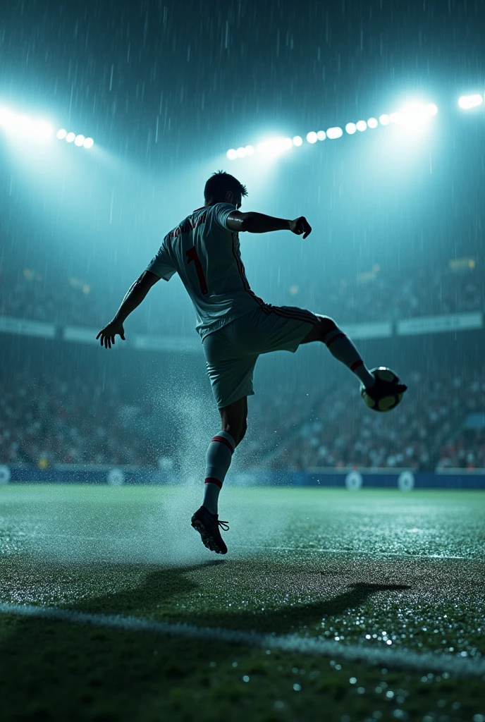Cristiano Ronaldo scoring a bicycle kick in the rain with lights and LEDs, at night ((real-life)) ((lights)) ((grams of leaves))