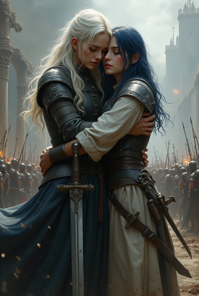A  yuri couple phone wallpaper from animes or manhwa...  it should be a tall girl with white hair hugging a short girl with blue-black hair (hair should have more black colour) ... make the picture look like it's happening during a medieval war... they should be wearing dark colours with sweat due to war and holding swords... the tall girl should be exhausted with her sword stabbing the ground to keep standing and the short girl holding her with her arm

Generate me a picture... more quality the better... give it a dynamic background... focus more on the background or rather make it look like a potrait with many details on the background not just focusing on the couple and making the sorrounding blurry.... not real looking people