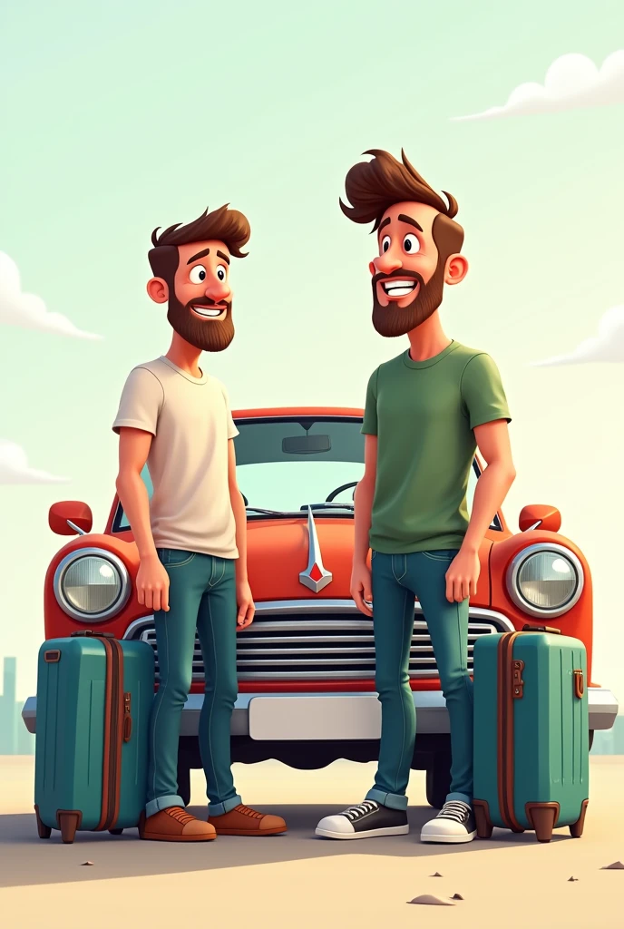 Men stand beside the car with luggage cartoon
