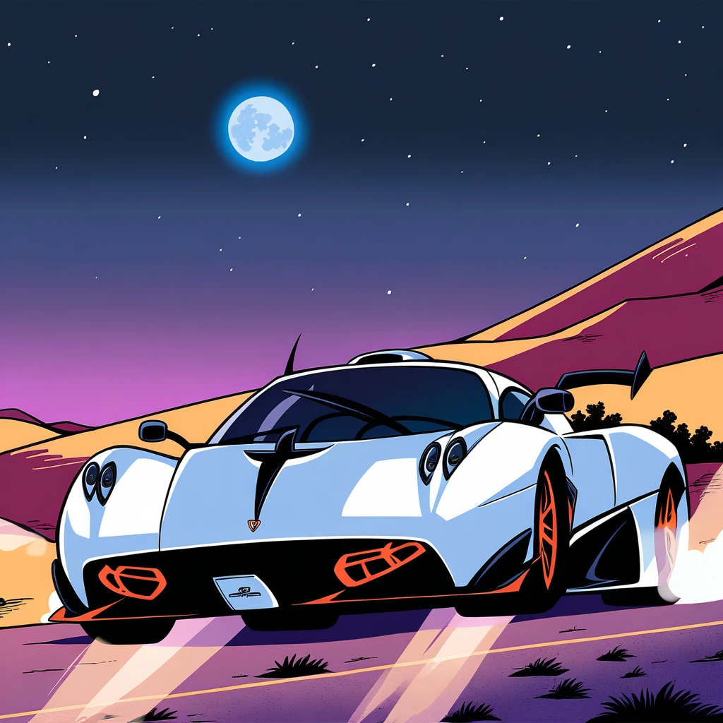 Pagani zonda cinque, car, white aura, road, night, desert, moon, white neon, fast