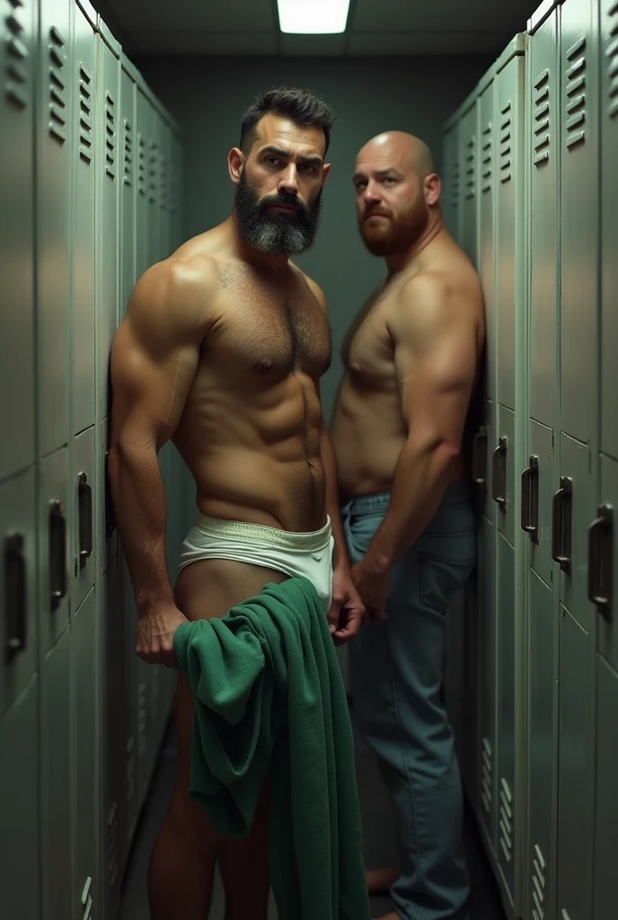 A handsome, muscular, hairy, bearded Puerto Rican man in white underwear with a pair of long green sweatpants in his hand standing in front of an open closet, in a small locker room, being discreetly watched in the background by a fat bald man standing very close to us shirtless and wearing long jeans. Surrounded by gray cabinets. Clothes lying on the floor.