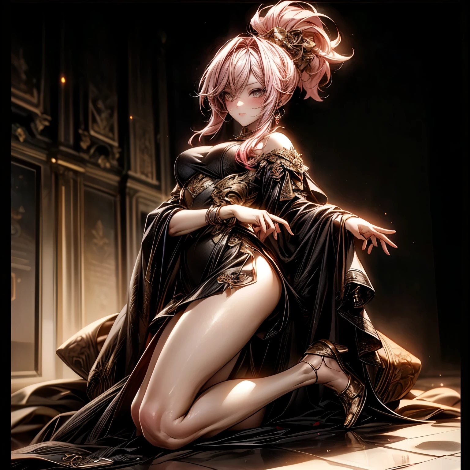 (best quality)), ((Masterpiece)), (details:1.4), 3d, HDR (high dynamic range), an image of a beautiful cyberpunk female, Cyberpunk, Fantasy, Pink hair, High ponytail, Full body, Beautiful white eyes, จมูกโด่ง, ปากแดง, หน้าอกใหญ่, nvidia RTX, PBR surface, After processing, Anisotropic filtration,depth of field, Maximum clarity and clarity, multi-layered surface, Subsurface scattering, perfect proportions, 8K raw files, ultra detailed, Perfect proportions, volumetric lighting, soft lighting, Holy Paldin, Heavy Silver Armor, Golden dress, glossy skin, intricate Golden embroidery, Bar background, jewely, ต่างหู, นิ้วมือสมบูรณ์, mini skirt, โกรธ
