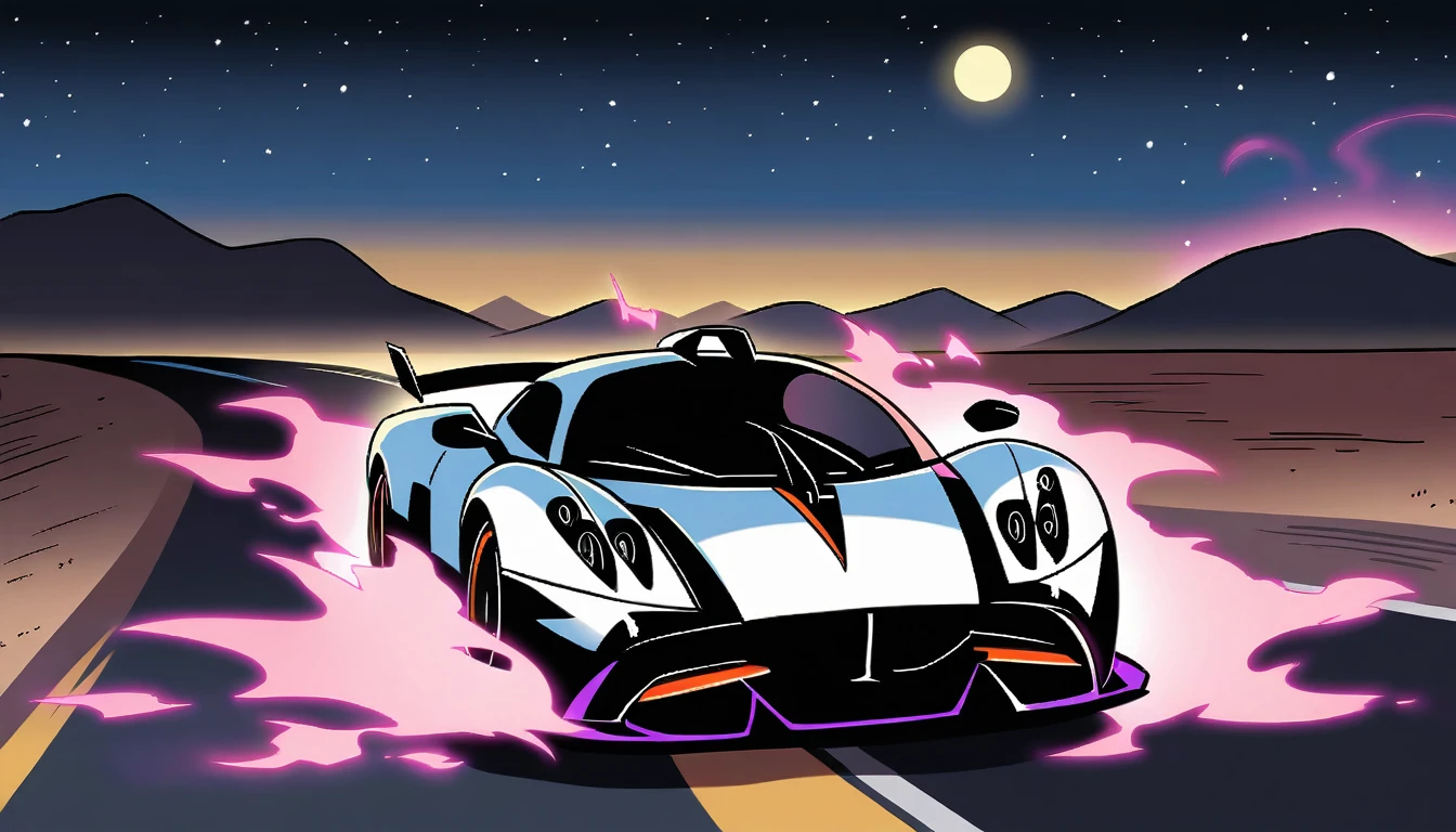 Pagani zonda cinque, car, white aura, road, night, desert, moon, white neon, fast