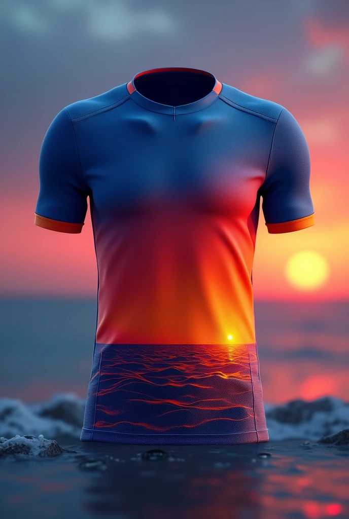 Create a jersey design with following ideas
Base Color: Dark Blue with Orange-Red Accents
Design Elements:
An ombre effect on the jersey, fading from deep blue at the top to a warm orange-red at the bottom, symbolizing the setting sun over the Mumbai coastline.
A subtle wave or ripple pattern in the orange-red area to mimic the reflection of the sunset on the sea.