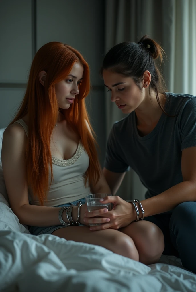 Une véritable photo 

Une scène dans une chambre à coucher, où une jeune femme de 25 ans est assise sur son lit. Elle a des cheveux mi-longs, lisses, et de couleur rouge. Son visage est incliné vers le bas, et on ressent une certaine tristesse ou résignation. Ses poignets sont entravés par des menottes.

À côté d'elle, sur le lit, se trouve un jeune homme de 20 ans. Il a de longs cheveux noirs attachés en queue de cheval. D'une main, il tient un verre d'eau plein , tandis que de l'autre, il caresse doucement le bras de la jeune femme dans un geste de réconfort. L'arrière-plan est une chambre légèrement éclairée, avec des tons doux et une lumière tamisée, créant une ambiance intime et calme.