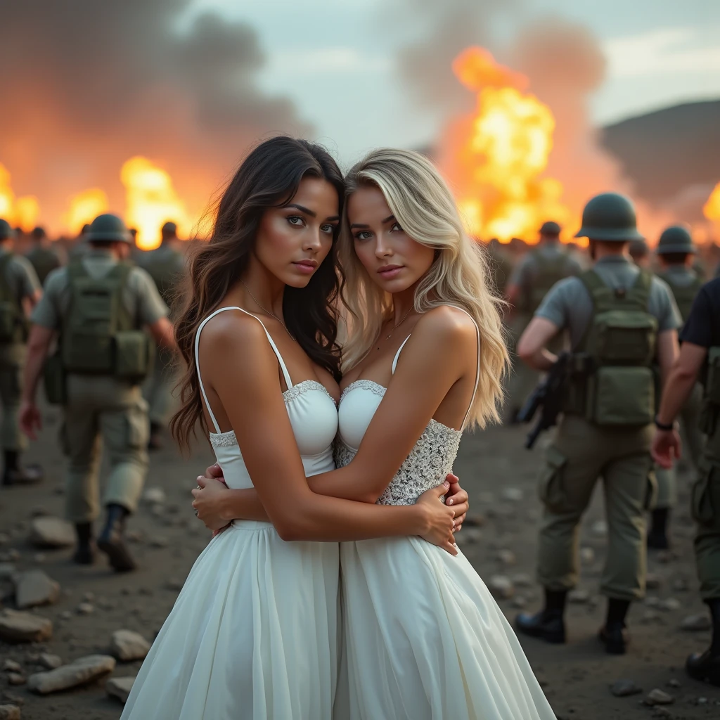 Beautiful biracial latina woman light blue eyes and light blue hair with large breast close to beautiful white woman light blue eyes and blond hair with large breast,cuddle and caress, wear elegant white dress, into middle of war battlefield, soldier around, explosion and fire around, chaos,Résolution Haute, Grand angle